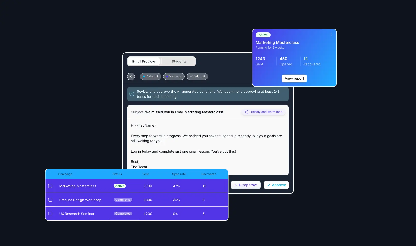 Zenler Re-engagement Agent identifying inactive students and sending personalized AI-powered follow-up messages to improve course completion.